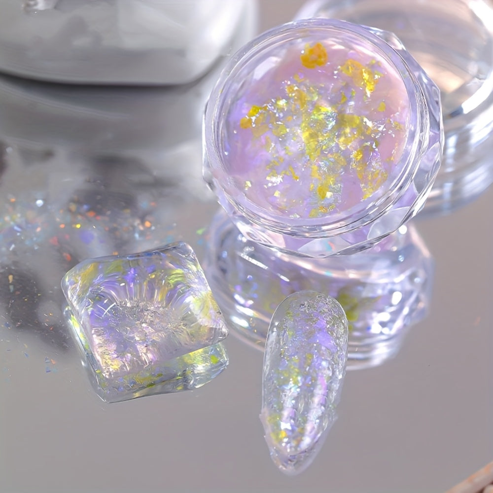 1 Box of Aurora Opal Glitter Flakes, 5 Colors Dreamy Cloud Brocade Nail Art Flakes, Shimmering Iridescent Holographic Sparkle Sequins for DIY Nail Design